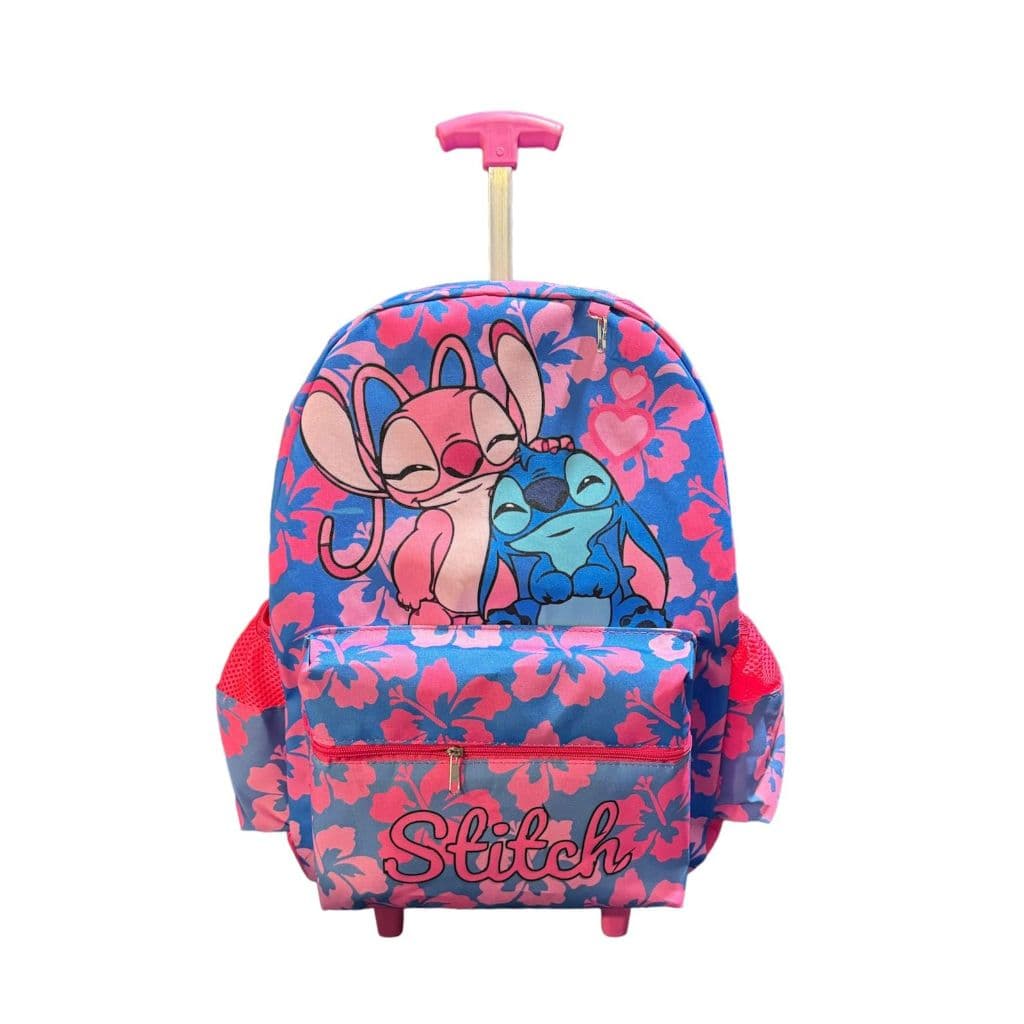 Mochila Lilo Stitch e Angel rodinha juvenil rosa infantil tamanho grande