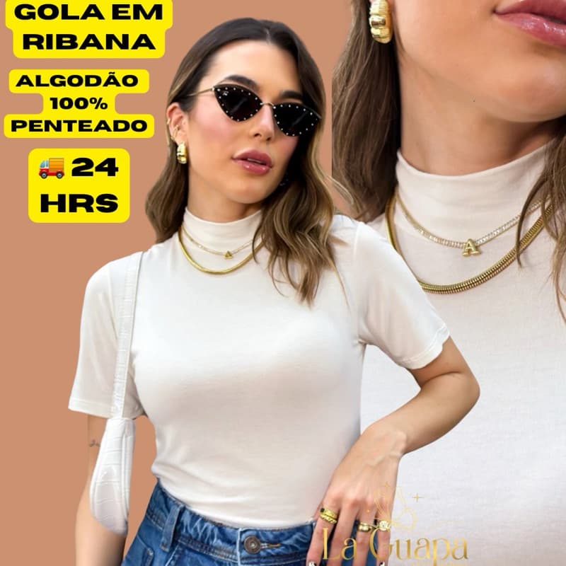 Blusa T-Shirt Gola Alta Manga Curta Algodão Premium Moda Feminina
