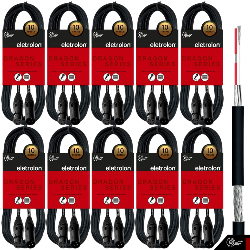 Kit 10 Cabo De Microfone Balanceado Xlr Macho Xlr Femea 10m - Eletrolon