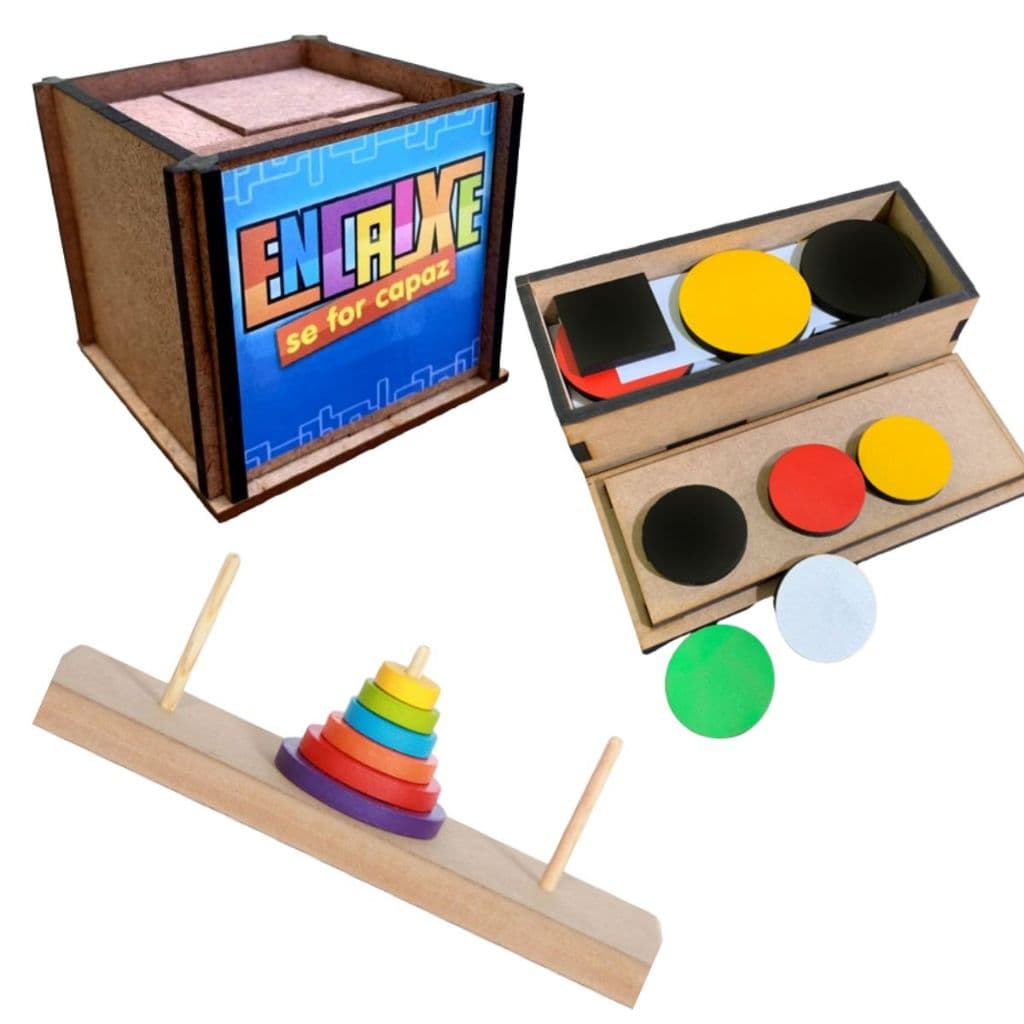 Kit TORRE DE HANÓI + TESTE TOKEN + Desafio ENCAIXE SE FOR CAPAZ Brinquedos Educativos Pedagógicos Montessori