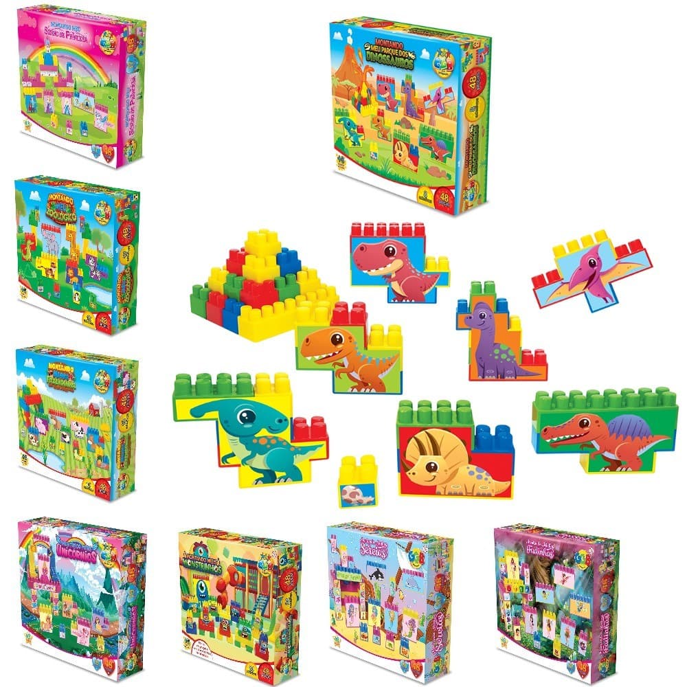 Brinquedo Blocos de Montar Infantil 48 Peças Colorido Com Adesivo Monta Monta