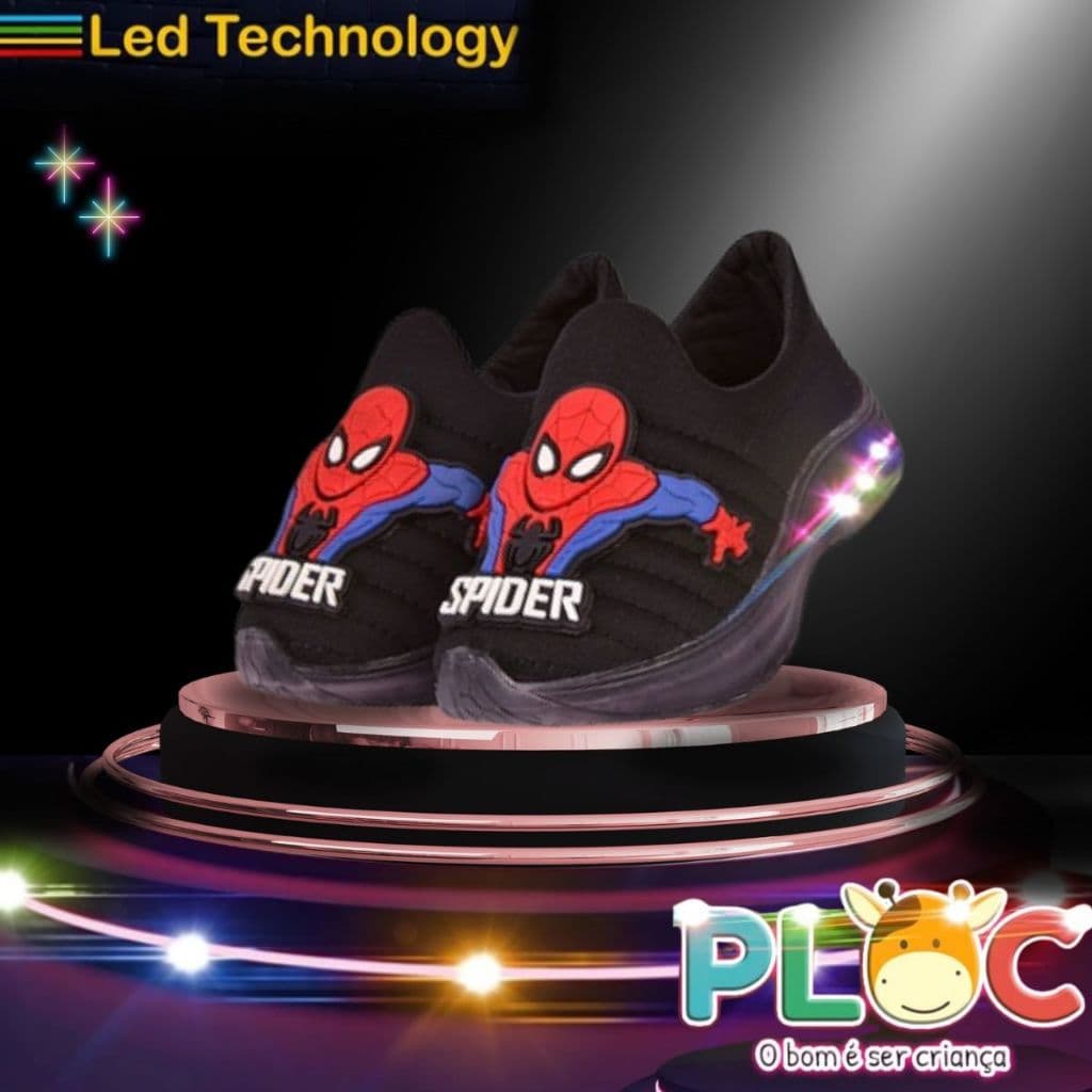 Tênis Led Infantil Luzinha Menino Meia Calce Fácil Leve Flexível Confortável Anatômico PLOC LED07 - SPIDER