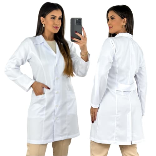 Jaleco Feminino Tradicional Botão Manga Longa Gabardine Slim Acinturado