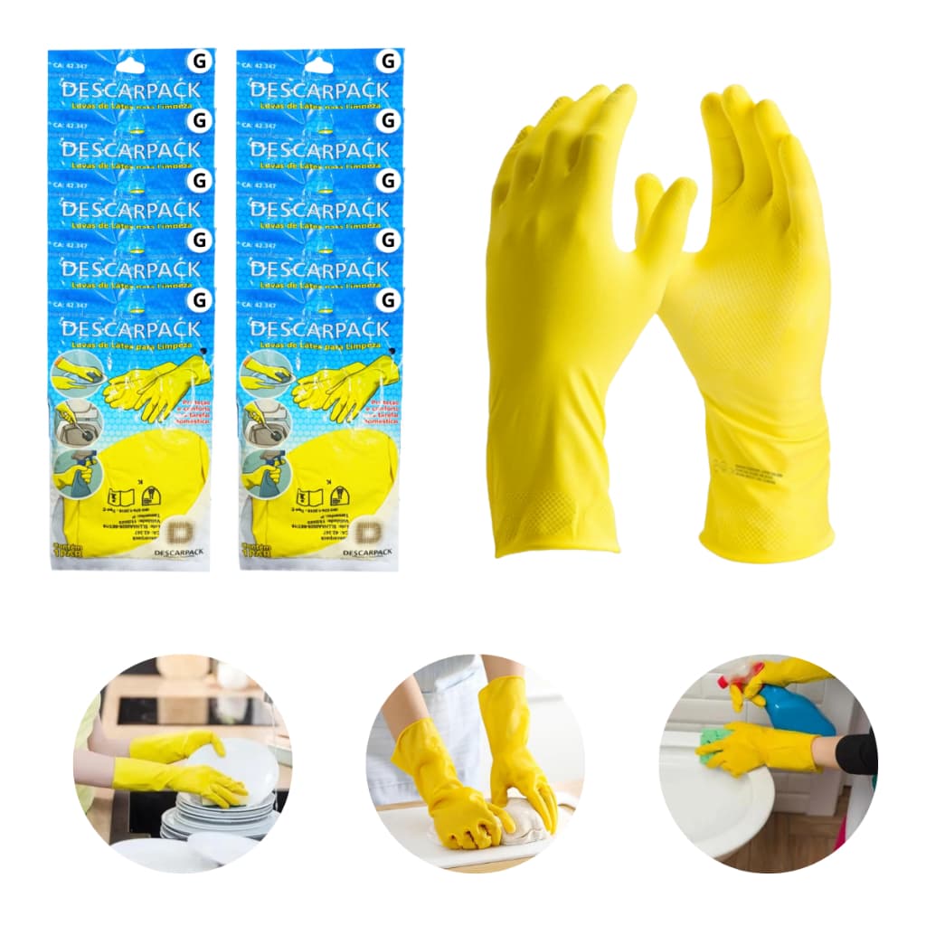 Luva AmarelaTamanho G Látex Forrada Multiuso Louça Limpeza C/10 Pares