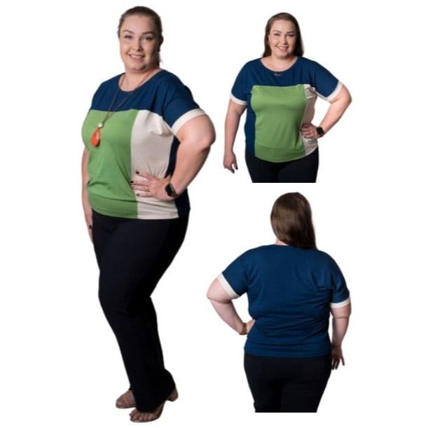 Blusa Feminina Plus Size Meia Manga Gola Canoa Tricolor Ref579