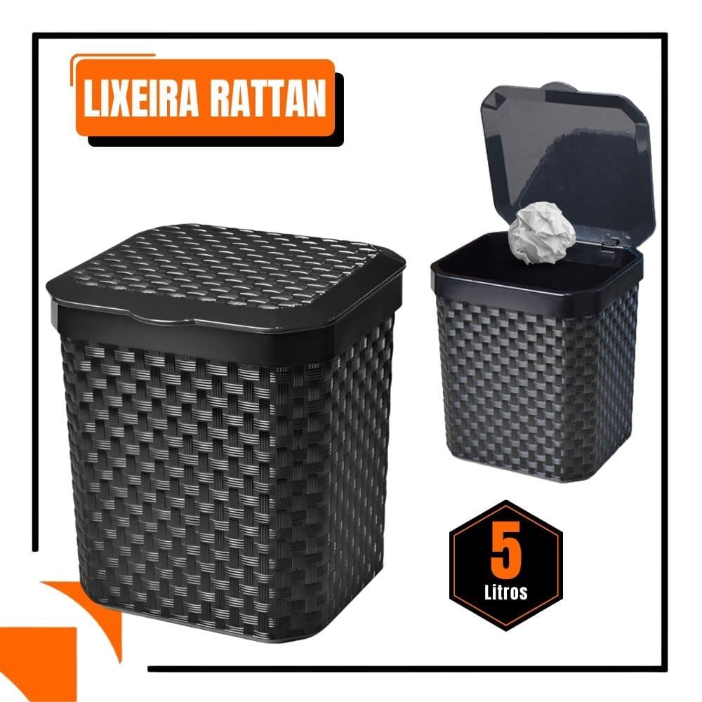 Lixeira Cesto Rattan 5 Litros Preta Com Tampa Cozinha Banheiro Lixeira Pia Muliuso