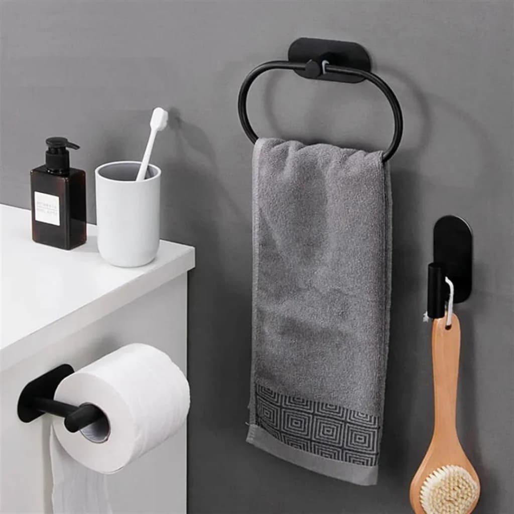 Acessórios Para Banheiro Lavabo Preto Autoadesivo - Porta Toalha Rosto - Porta Papel Higiênico - Cabide Gancho