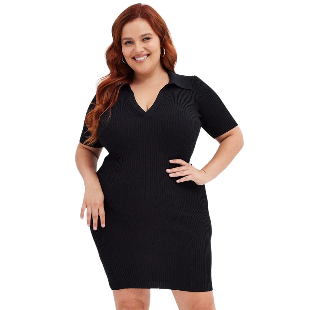 Vestido Trico Plus Size Feminino Manga Curta Gola Polo Verão Vestido Básico Mulheres