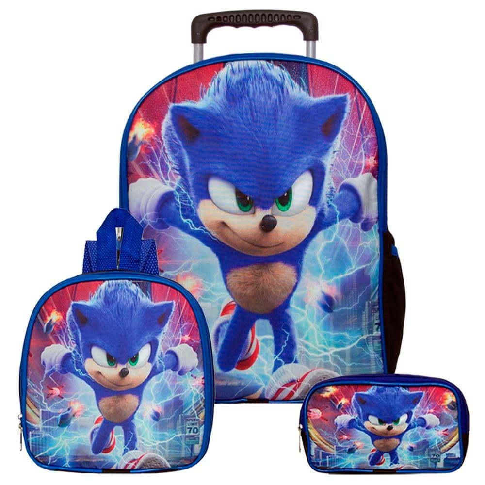 Kit Mochila Sonic com Rodinhas Infantil Escolar com Lancheira Térmica e Estojo