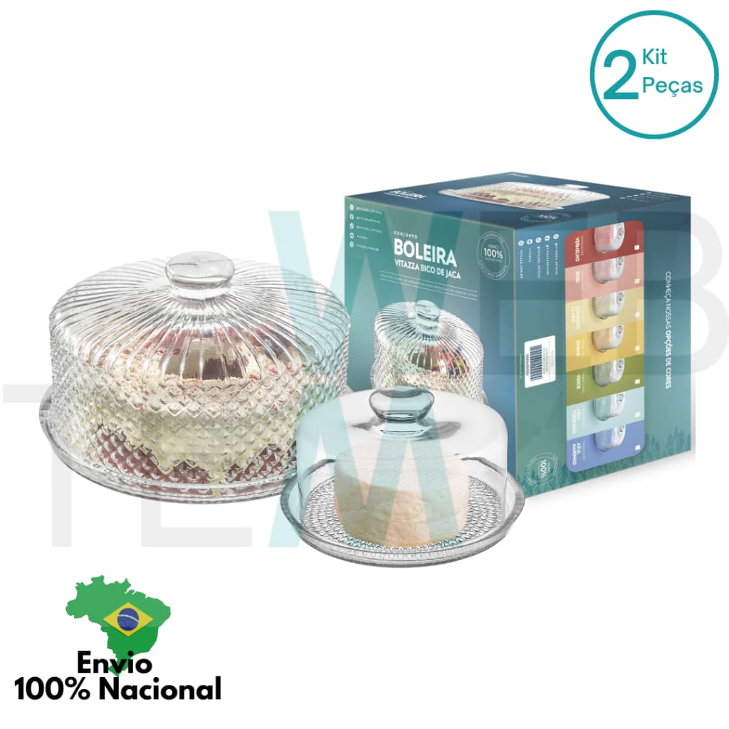 Kit Boleira com Tampa Bico de Jaca Prato 28cm para Bolo e Queijeira Porta Queijos de Vidro Vitazza