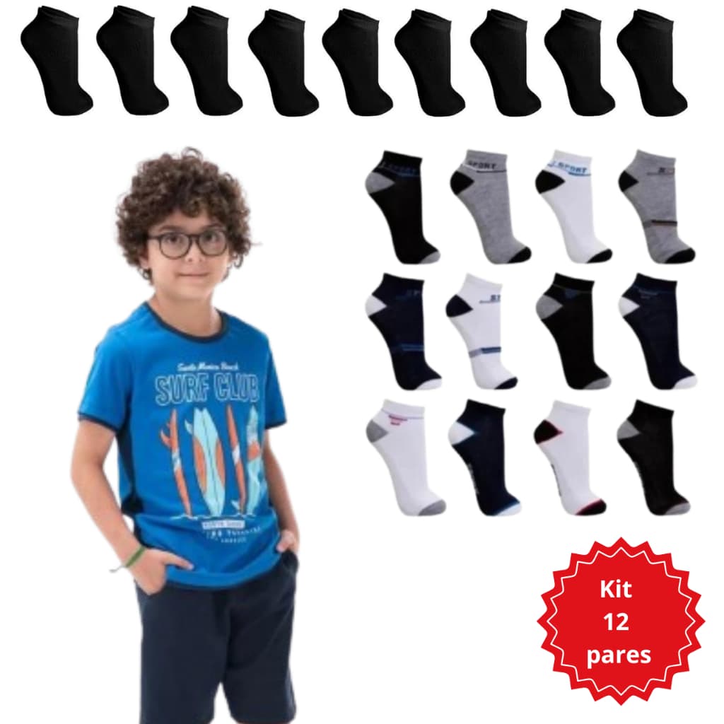 Kit 12 Pares De Meias De Menino Soquete/Juvenil lisa Preta E Estampada Cano Curto