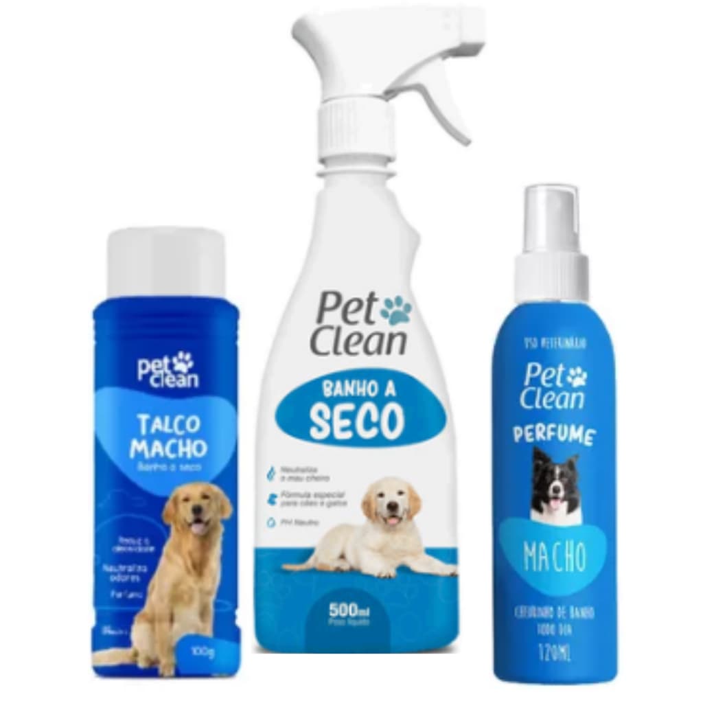 Kit Banho a Seco + Perfume Macho + Talco Cachorro Cães Pet Clean - Envio Imediato