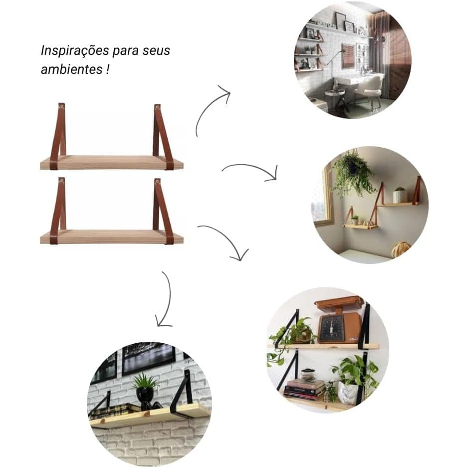Kit 2 Prateleira Madeira Organizadora  Com Alça De Couro  Para Livros Cozinha Quarto Sala Banheiro