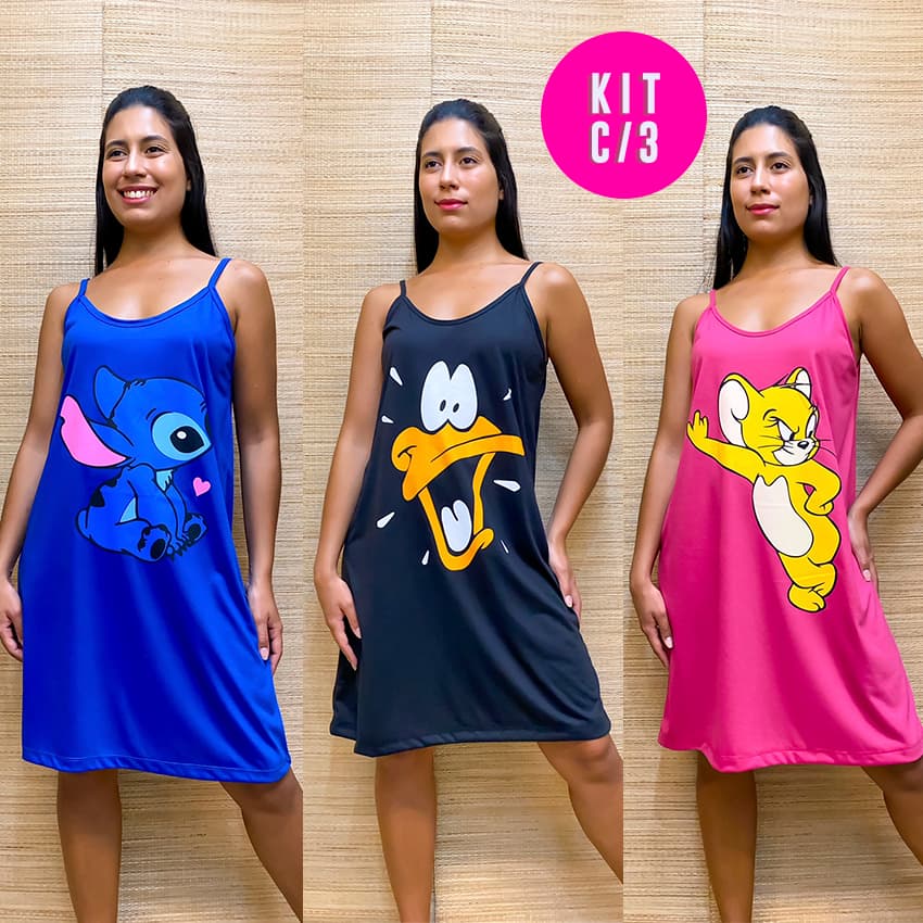 Kit com 3 Camisolas Alcinha Feminina Modelo Soltinho e Confortável em Malha Desenhos Fofos e Divertidos