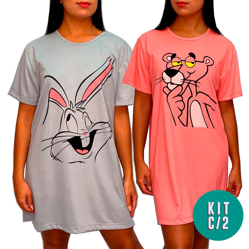Kit com 2 Camisolas Camisão de Personagem Feminino Desenhos Divertidos Manga Curta Adulto