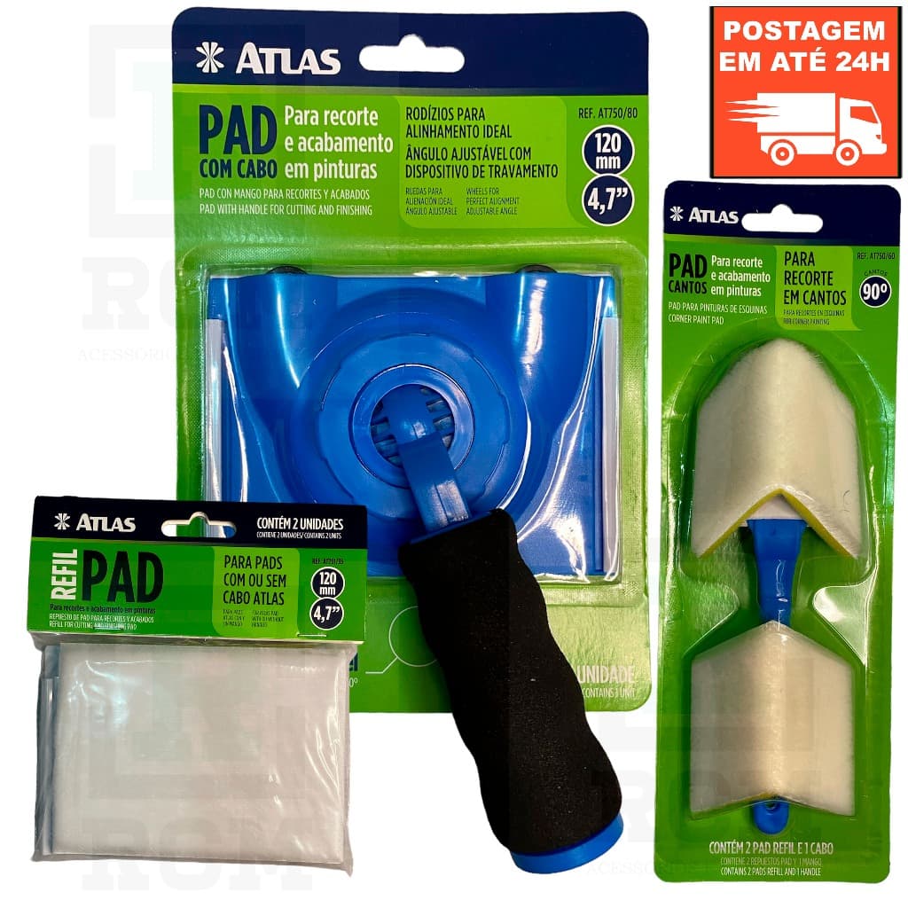 Kit Pad Para Pintura Com Cabo Ajustavel + Refil + Pad Para Pintura Recorte Em Cantos Atlas