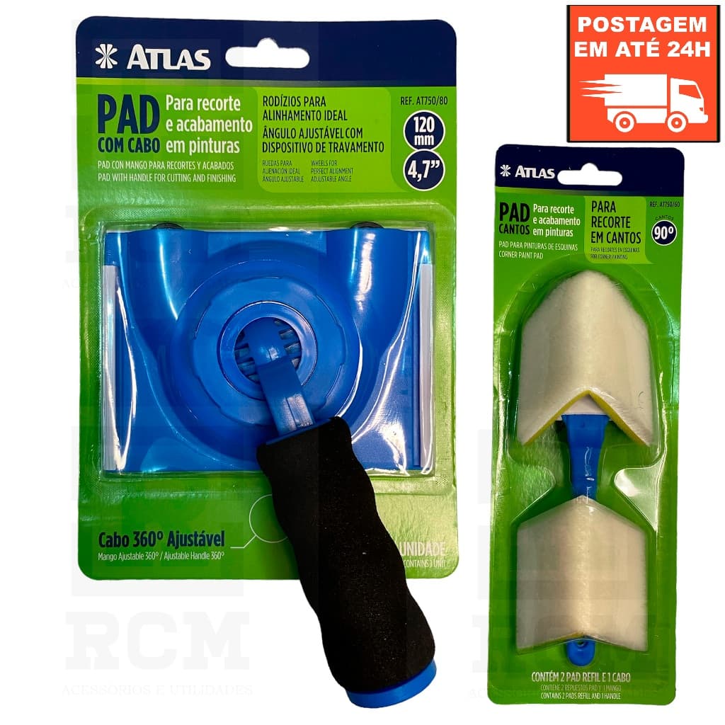 Kit Pad Para Pintura Com Cabo Ajustavel + Pad Para Pintura Recorte Em Cantos Atlas