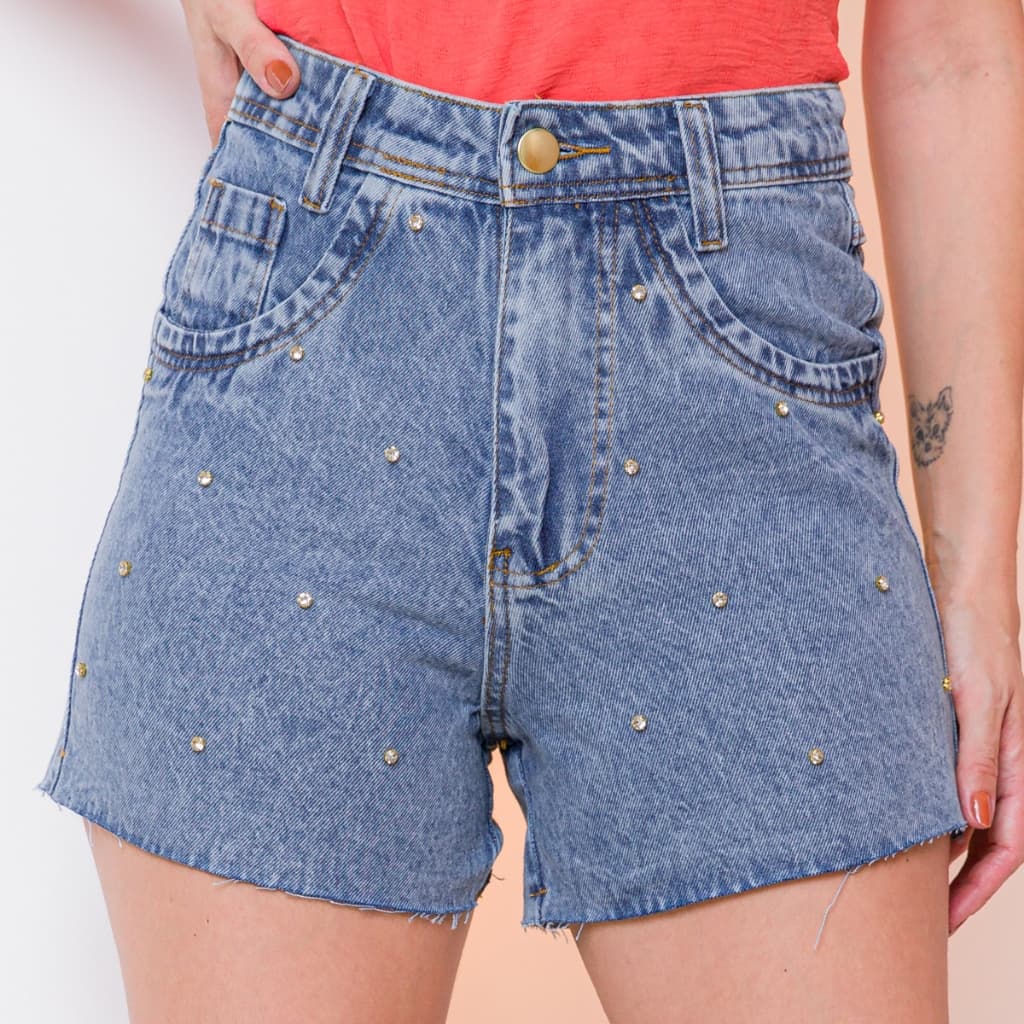 Short Jeans cintura alta feminino com pedras brilhantes de corrente