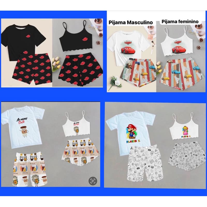 kit casal pijamas baby doll roupa de dormir personagens