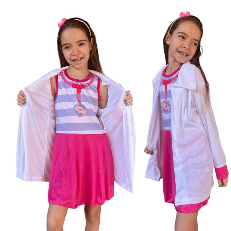 Fantasia de Medica Infantil Doutora Brinquedos Com Jaleco e Tiara