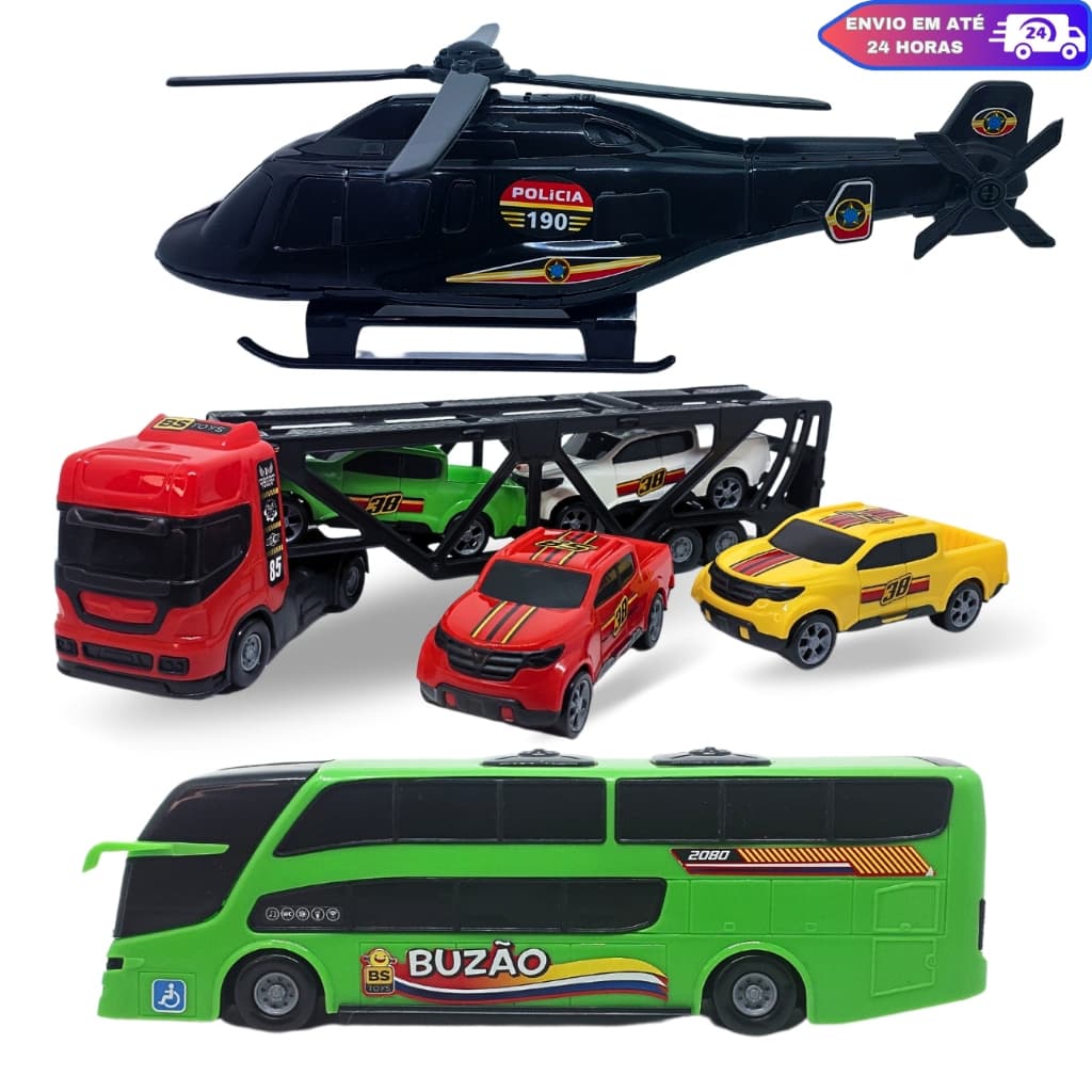 Kit Brinquedos Carreta caminhão Cegonheiro 4 carrinhos Picup e Helicóptero de Policia