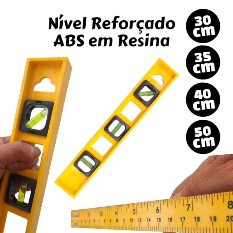 Nível Profissional em Resina Abs 30cm 35cm 40cm 50cm com 3 bolhas Marceneiro Esquadria Obra
