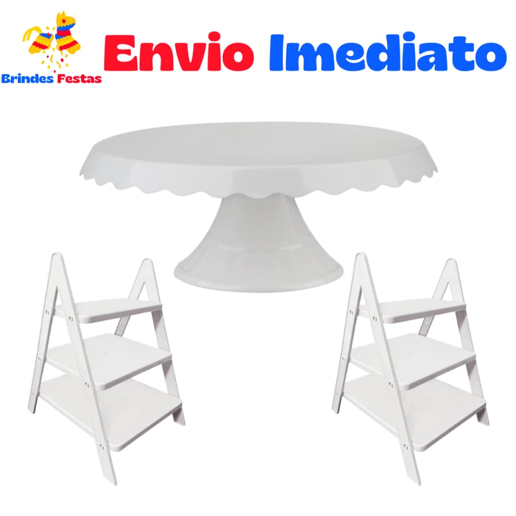 Kit Festa - 1 Boleira Slim 22cm + 2 Escadinha Decorativa - Porta Doce - Festa - Decoração Novo