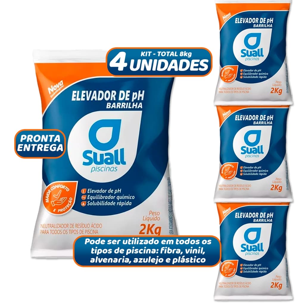 Kit 4 Barrilha Leve Elevador de Ph Mais Suall Para Piscinas 2kg