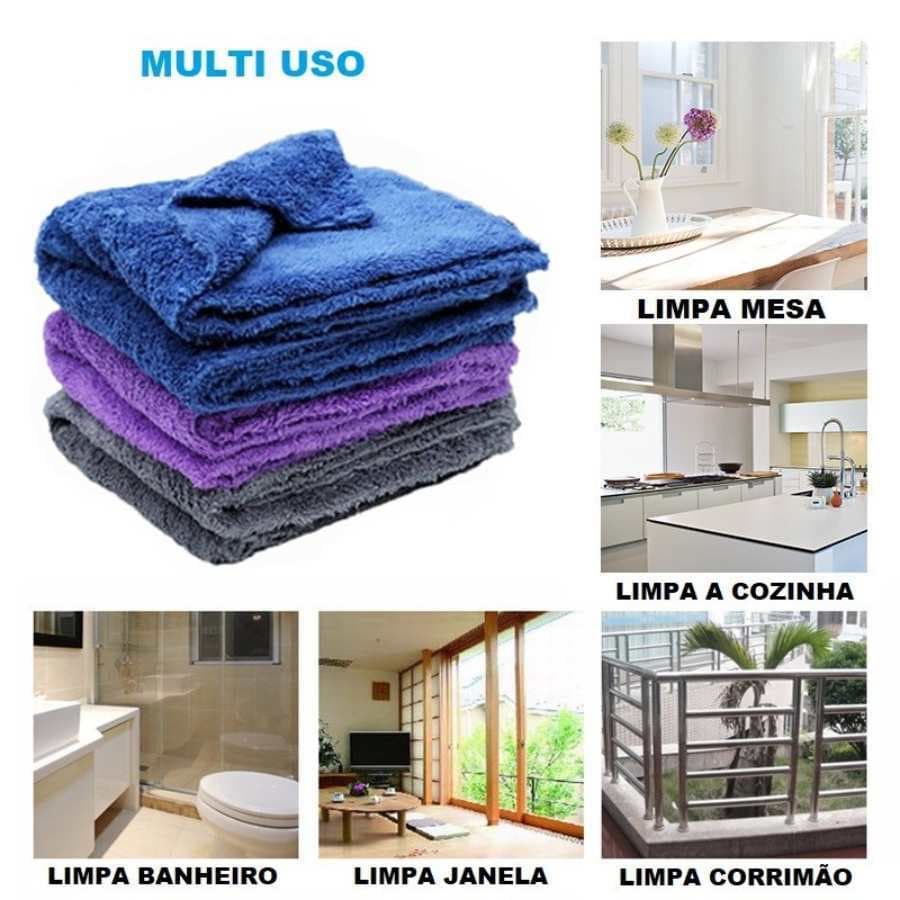 Kit com 3 Pano Microfibra Multiuso Toalha Mágica Carro Reutilizável Flanela Limpa Vidro 30x30