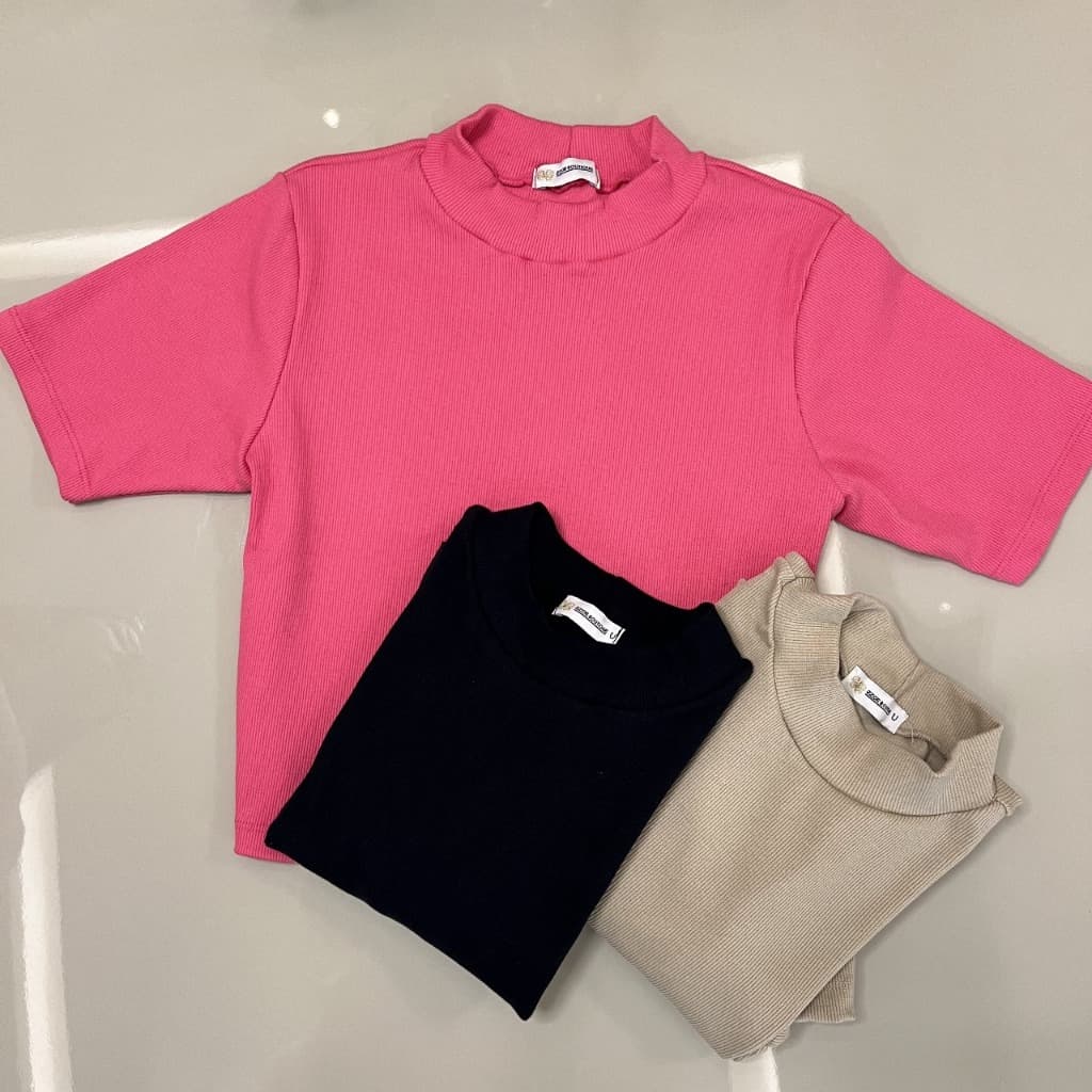 Kit 3 Blusa Feminina Canelado Ribana Gola Alta Manga Curta Verão CORES SORTIDAS