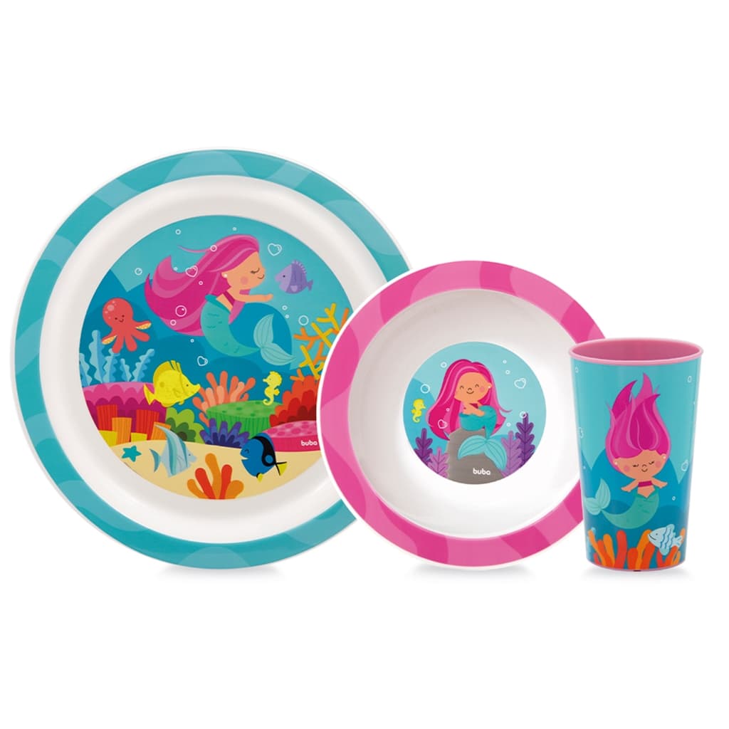 Kit Refeição Prato + Bowl +copo + Infantil Aventuras Baby Sereia Menina