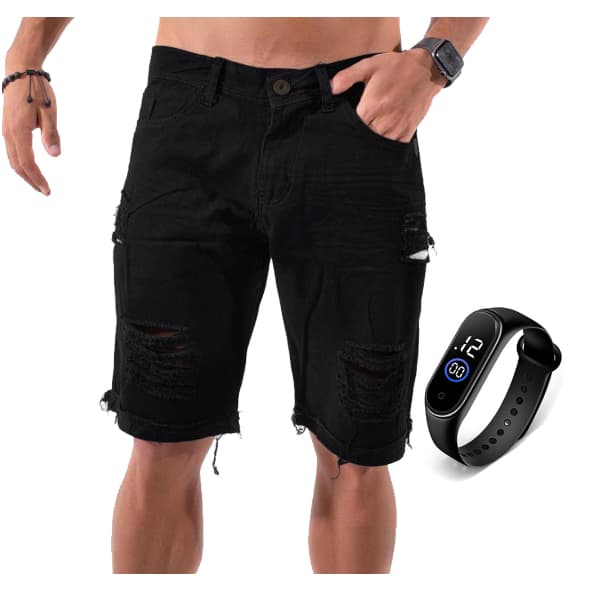 Bermuda Jeans Masculina Preta Rasgada Shorts Jeans Preto Rasgado + Relogios Esportivo A Prova D'Água
