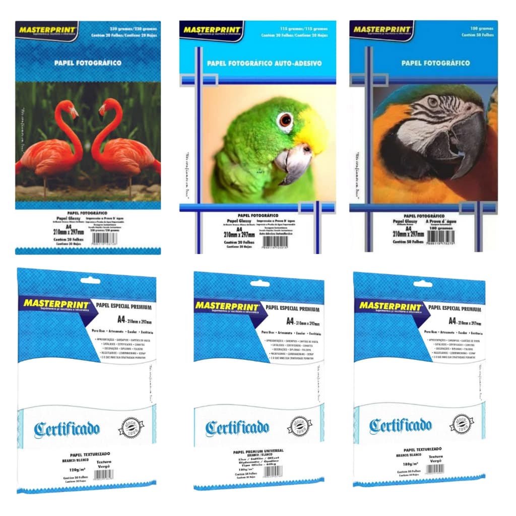 Papel Fotográfico 180g e 230g / Papel Vergê 120g e 180g / Papel Offset  180g / Papel Adesivo 115G  Masterprint