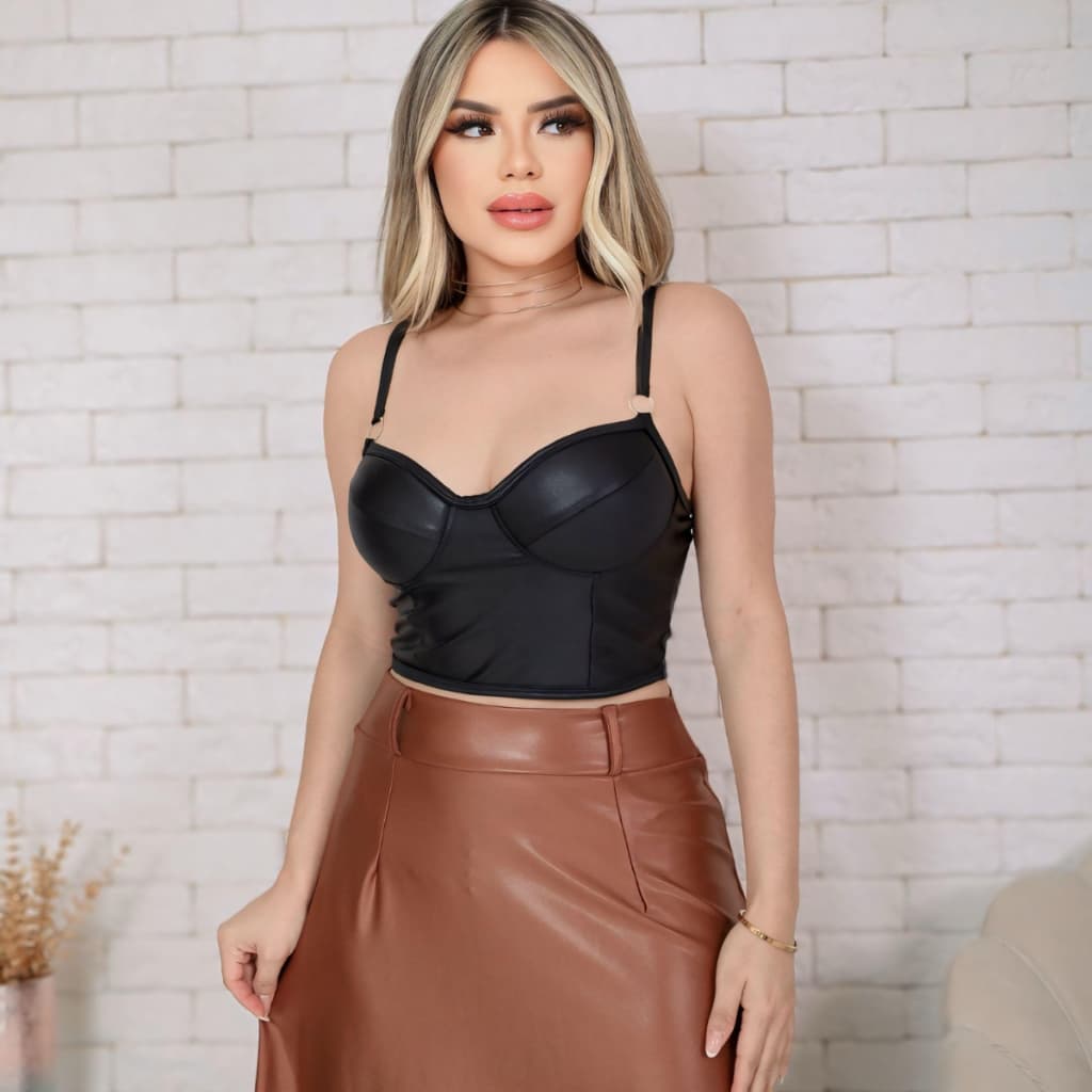 Blusa Cropped Feminino Alcinha Regata Couro Fake Top Corset Corselet Cirre Com Bojo