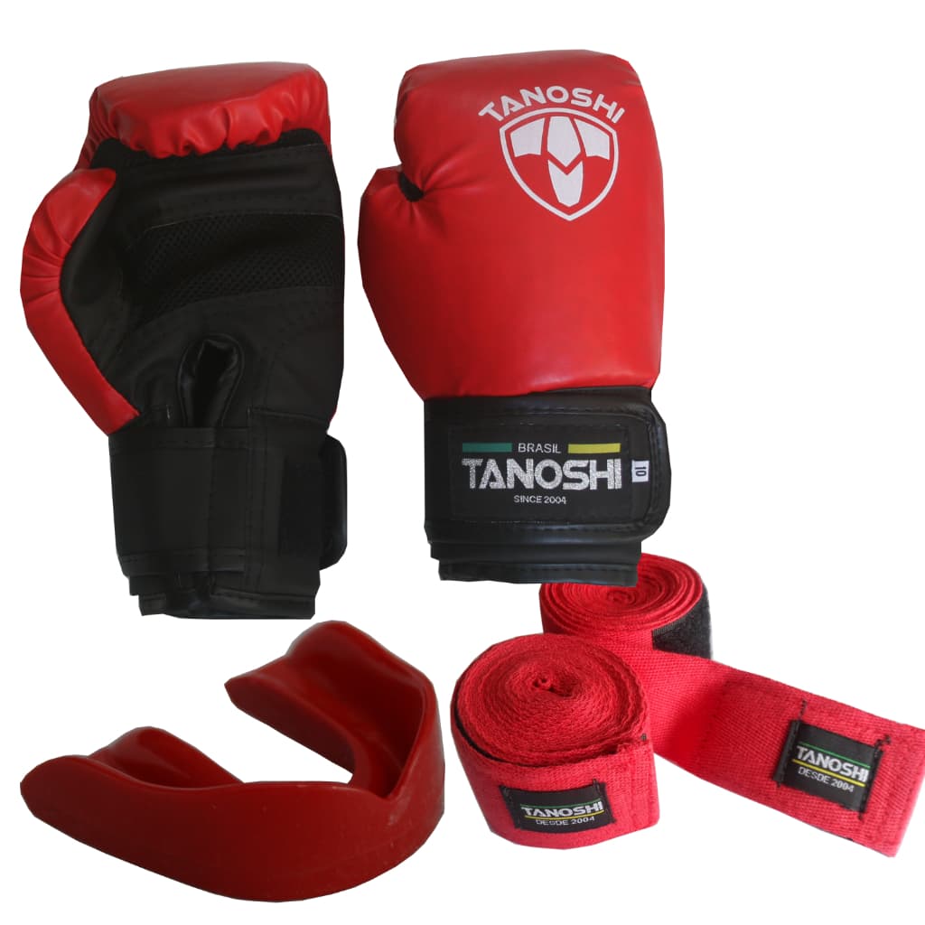 Kit Boxe Vermelho KNG Luva Boxe + bandagem + bucal TANOSHI MuayThai Sanda Kick luta