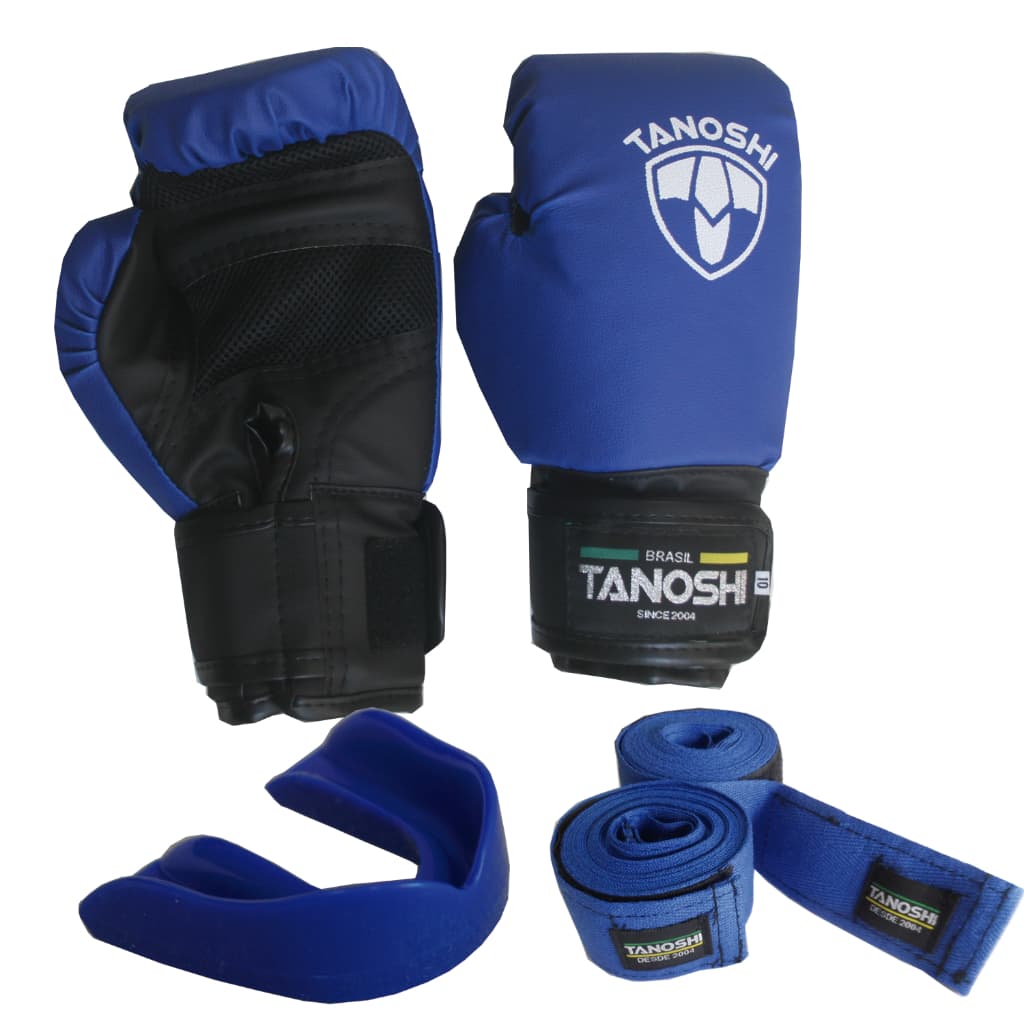Kit Boxe Azul KNG Luva bucal bandagem TANOSHI para MuayThai Sanda Kick luta