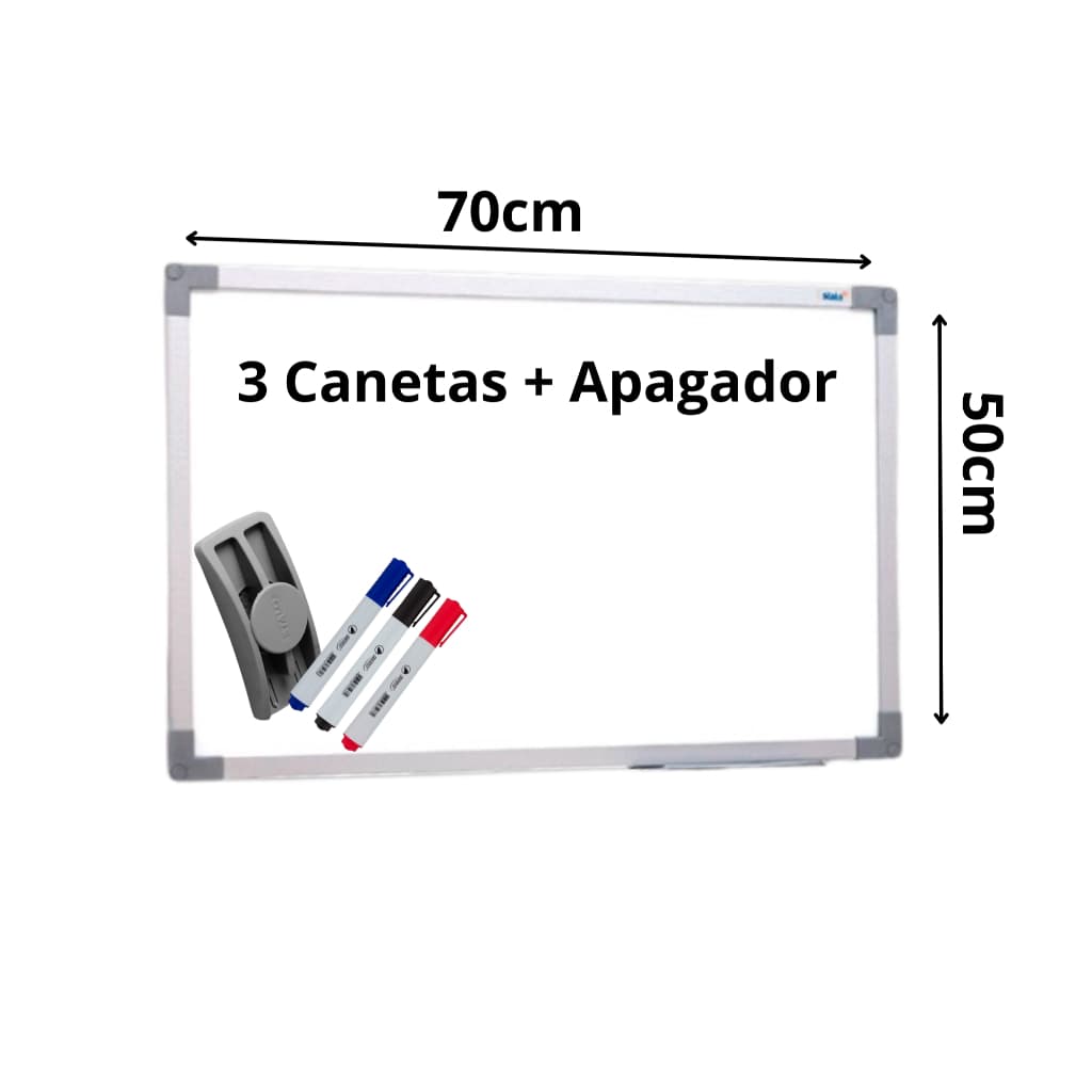 Quadro Lousa Branco 70x50cm  Moldura Mdf Alumínio Soft Stalo + Kit 3 Canetas + Apagador