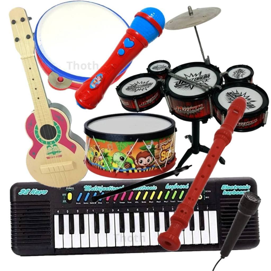 Kit 7 Brinquedo Musical Teclado Bateria Viola Tambor Pandeiro Microfone Infantil Piano