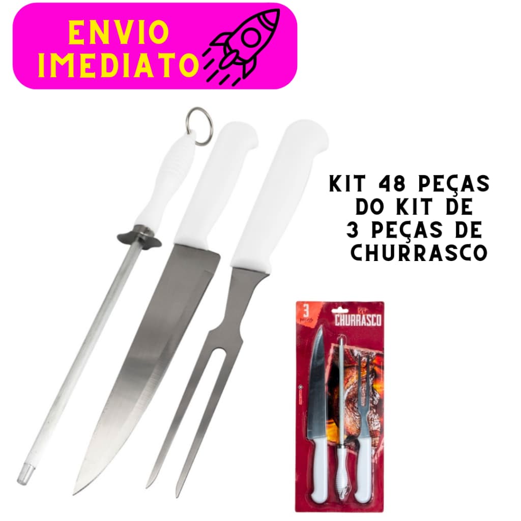 Kit De Churrasco 48 Peças Faca Garfo Chaira Aço Inox Cabo branco Churrasqueiro para Casas Buffet