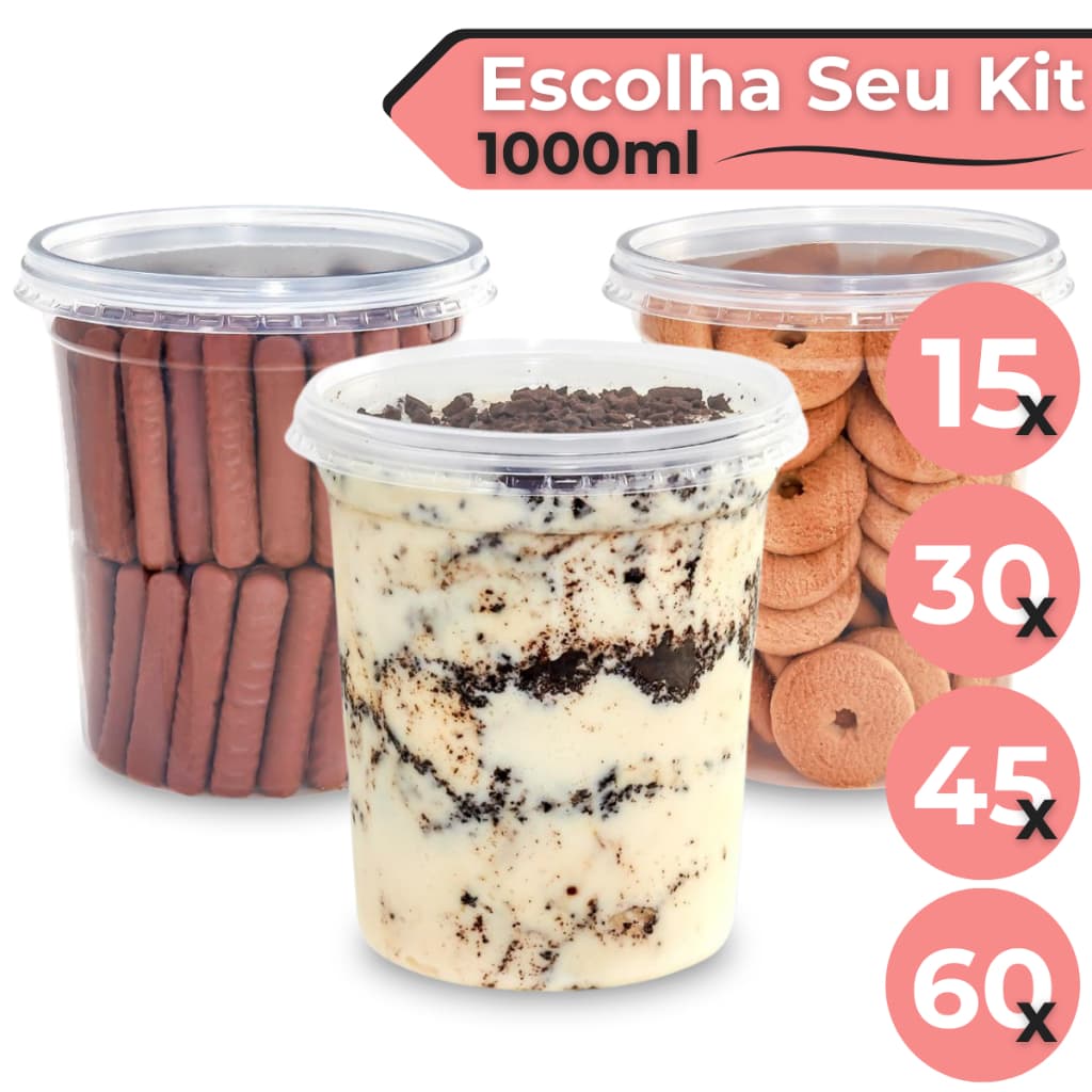 15/30/45/60 Unidades Potes de Plástico 1000ml 1L Redondo Bolo de Pote Perfeito P/ Sorvete e Açaí