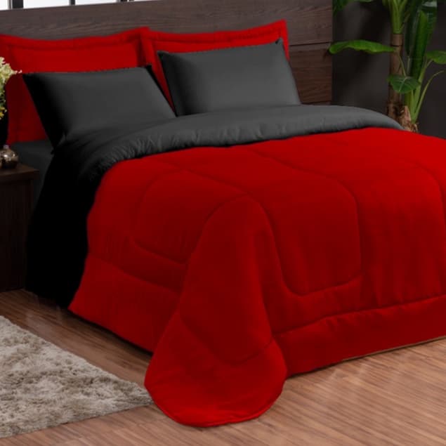 Kit Edredom Ternura Casal KING Dupla Face 03 Peças Promoção ( PRETO COM VERMELHO )
