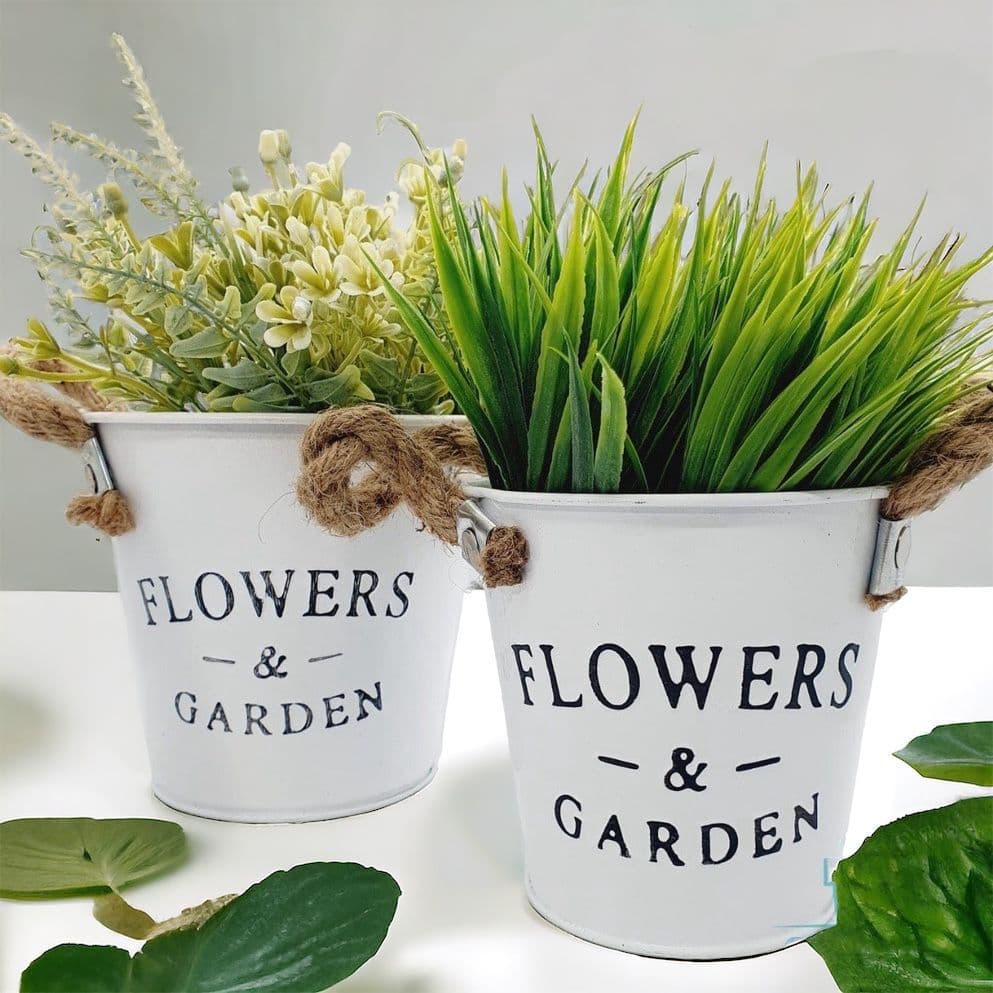 KIT 2 Vasos Cachepot de Metal com Alça em Corda Flowers & Garden Branco Vaso Decorativo