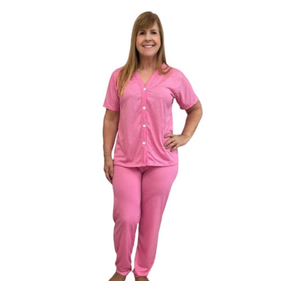 Pijama Conjunto Feminino Americano Inverno Botão Malha Conforto Pós Cirúrgica Linha Noite