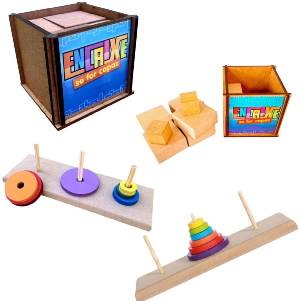 Kit TORRE DE HANÓI + ENCAIXE SE FOR CAPAZ Brinquedo Educativo Montessori Quebra - Cabeça Pedagógico