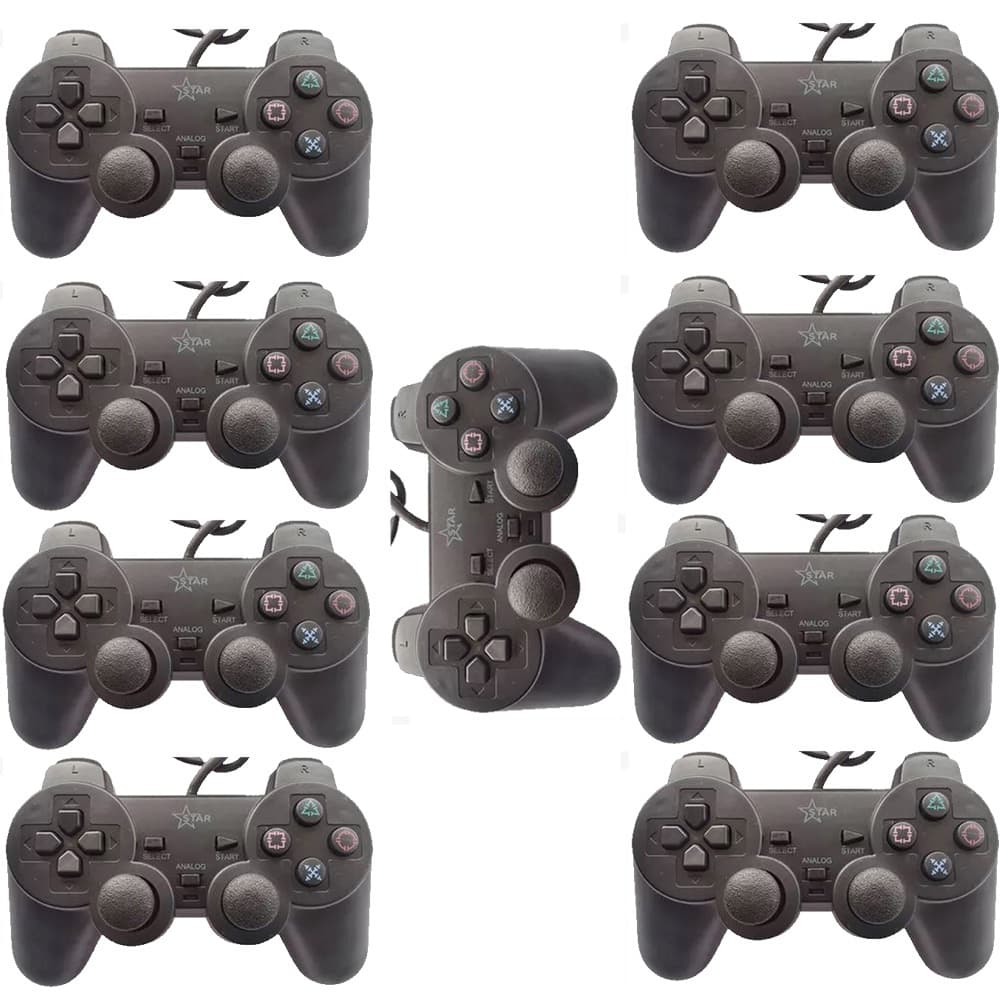 Kit 9 Controle para Playstation 2 / PS2 Com Fio - Cor preto fosco. Star