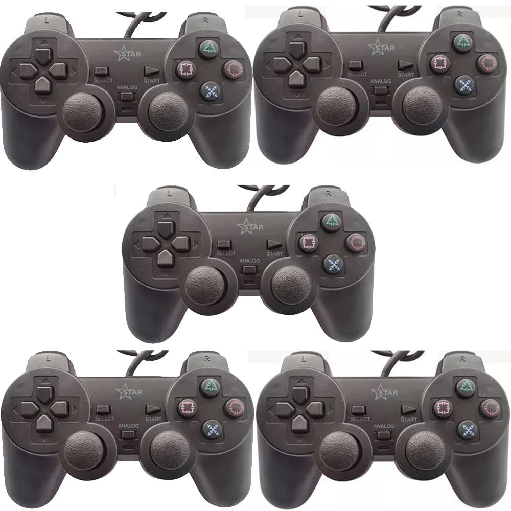 Kit 5 Controle para Playstation 2 / PS2 Com Fio - Cor preto fosco. Star