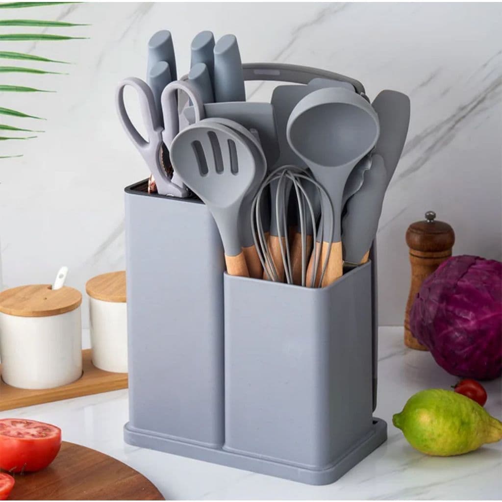 Kit Utensílios De Cozinha Em Silicone De Madeira 19 Peças Com Tabua