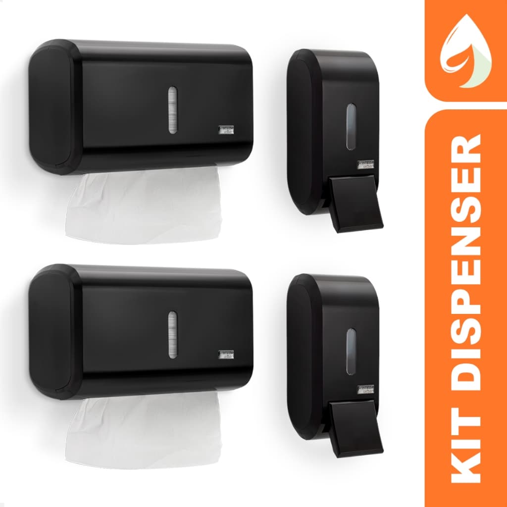 2 Toalheiros Porta Papel Toalha 2 Saboneteiras Alcool Gel Dispenser Urban Compacto Preto Premisse