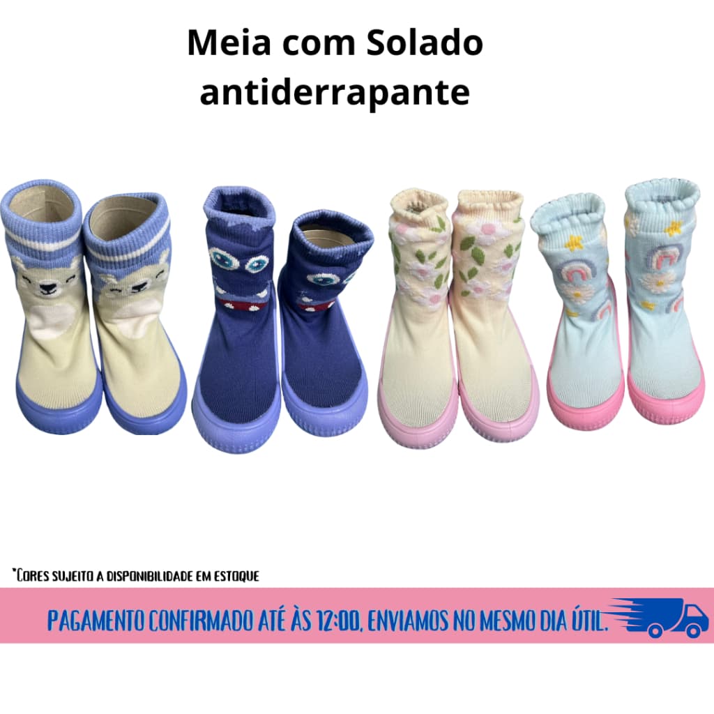 Meia antiderrapante infantil - Meia de bebê com solado emborrachado para menino e menina