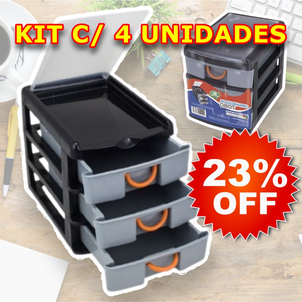 Kit 4 Gaveteiros Organizador De Mesa Com 3 Gavetas Pequeno Multiuso De Plástico - Escritório, Canetas, Ferramentas